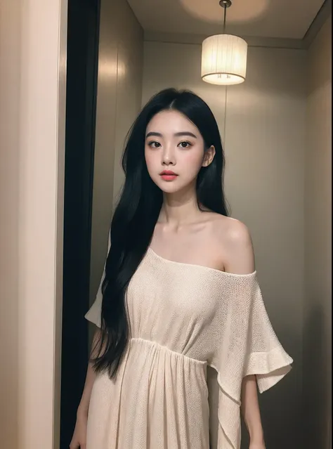 (RAW photogr:1.2),The highest quality, 超高分辨率, 25 year old girl in the bathroom Description：A young 25-year-old girl，is wearing  dress，Stand in the bathroom。Her long hair was draped over her shoulders，Skin is tender and smooth，Heavy makeup。