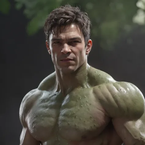 (professional 3d render:1.3) af (Realistic:1.3) most beautiful artwork photo in the world，Features the soft and shiny male hero Hulk, ((Epic hero fantasy muscle man rough wet hero smiling short hair kind expression in dynamic pose, Fantastic location, Maje...