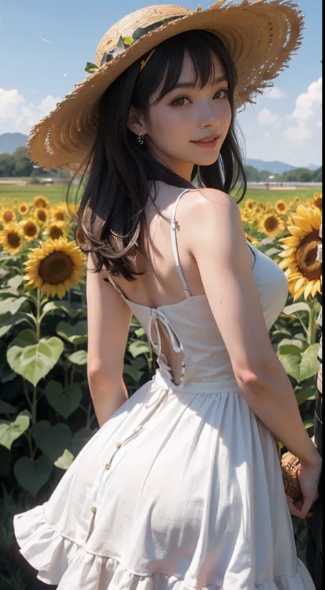 Unbeatable masterpiece, Ultra photo realsisim, Perfect artwork, Intricate details, Best quality, Strong light,High contrast,  Sunflower field , cute kawaii girls ,(Sweat:0.5) , arms back behind , White knee-length camisole dress , Straw hat , Smile,Strong ...