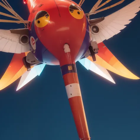 Flying penis, wings, jet motors, long shaft with portholes, red, green, blue, yellow, orange, purple, indigo,  head, long hanging balls in a sack with hair, pubic hair