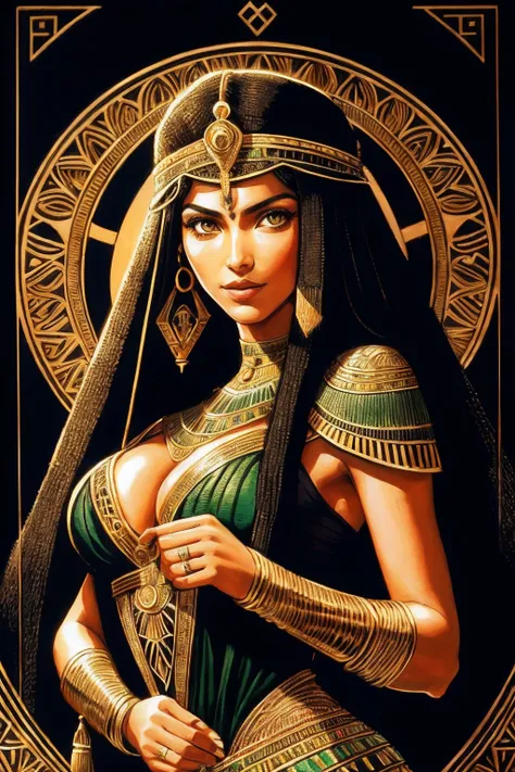 1 adult Egyptian woman, green eyes, black hair flaps, portrait, solo, upper body, looking at viewer, detailed background, detailed face,  OldEgyptAI, ancient egyptian theme,  feral jungle warrior, pink tribal clothing, obsidian, defensive stance, stone kni...