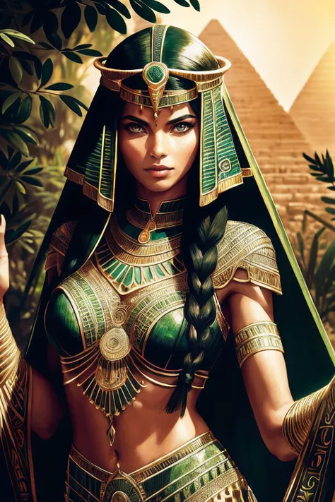 1 adult egyptian woman, green eyes, black hair flaps, portrait, solo, upper body, looking at viewer, detailed background, detail...