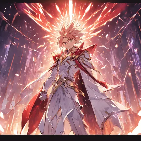 (white backgrounid:1.4),(Heroes dressed in white and red on top of the tower, natta, Shine a light on the character, City illuminated in the background, )，King Arte Istpirada Em Yugi , Art in styles other than Yu-Gi-Oh, Best Quality, Very detailed, Master ...