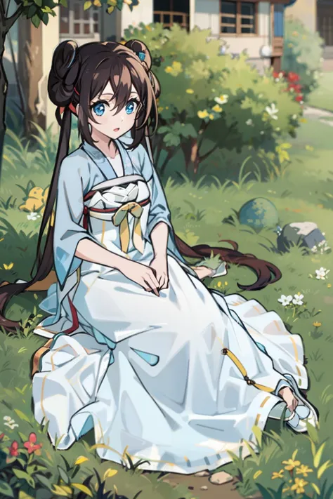 ro1, hair bun, twintails, long hair, blue eyes:1.5, hanfu, tang style, full body, sitting on ground, perfect eyes:1.2, detailed eyes:1.4, masterpiece, best quality,