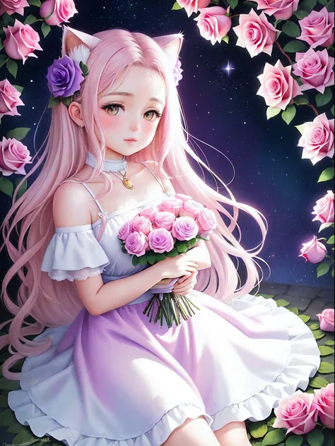 Beautiful and dreamy art illustration，Cartoon animation style，A super cute kitten-eared girl，Surrounded by romantic creamy pink-purple roses，Among the flowers，Clusters of roses，Wonderful，Best quality at best，A high resolution，Complicated details，fanciful，c...