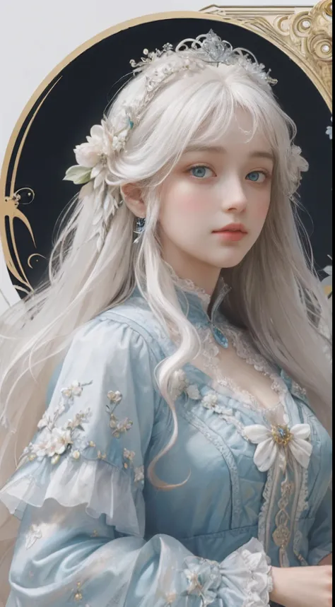 ((gorgeous princess)), (with long flowing white hair), (bright and beautiful eyes), trending on Art Station, flower of hope by Jean-Honor Fragonard, Peter mohrbacher, super detailed, crazy details , stunning sophisticated elite art nouveau ornate liquid wa...