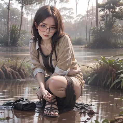 Sandals beautiful secretary trapped in swamp, mud between her toes