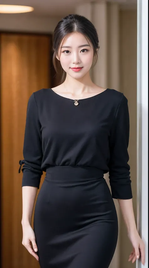 (RAW photogr:1.2),The highest quality, 超高分辨率, woman in her 30s，ssmile，Wear simple professional attire，stood at the entrance，Get ready to go out。Her long hair was simply tied behind her head，The skin is somewhat tanned，Light makeup。Her professional attire s...