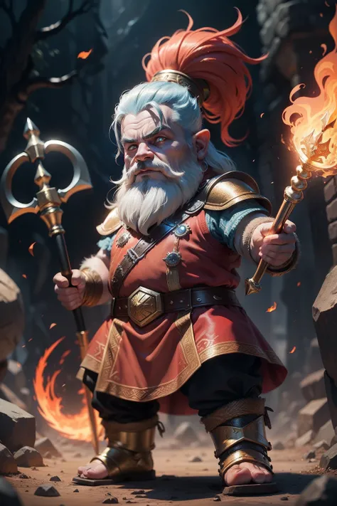 A dwarf with fiery eyes, With a huge magic hammer, Metallic skin