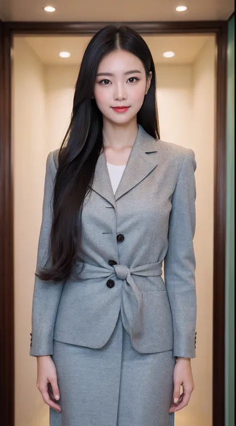 (RAW photogr:1.2),The highest quality, 超高分辨率, woman in her 30s，ssmile，Wear simple professional attire，stood at the entrance，Prepare to go out。Her long hair was simply tied back of her head，The skin is somewhat tanned，Light makeup。Her professional attire sh...