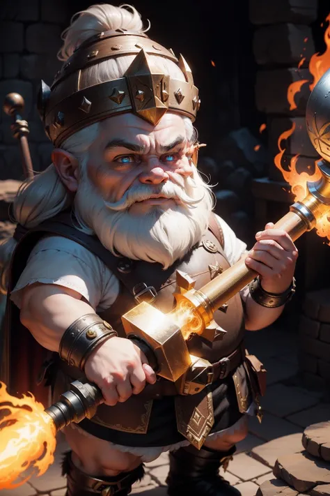 A dwarf with fiery eyes, With a huge magic hammer, Metallic skin