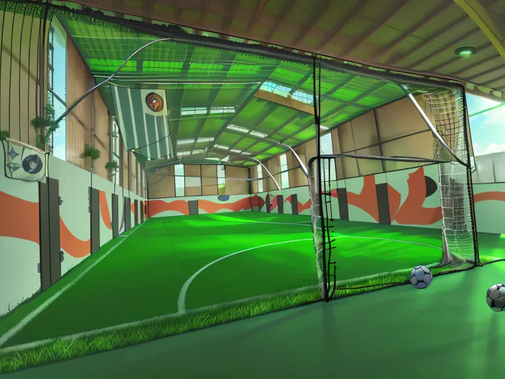 Soccer field with a net and a soccer ball, interior, Toma en interior, Entorno interior, Entorno deportivo, Imagen interior, Plano ancho medio, Plano amplio detallado, synthetic turf, arcos, hd, anime