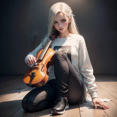 Por favor, Generate as a conservative artist a description from above, Full HD, detalhes no rosto, of a female character standing playing the violin. She is a talented 25-year-old violinist, com cabelos castanhos compridos e olhos verdes expressivos. She h...