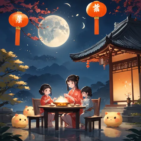 The background of the picture is a wide courtyard，Full moon night，Bright moonlight spills on the ground，It gives a sense of peace、Warm feeling。In the middle of the courtyard，There is a tall laurel tree，It symbolizes the auspicious and reunion of the Mid-Au...