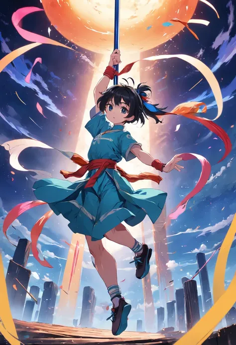 The male protagonist Haotian jumped onto a pile of tall scrap，Hand-held a long pole，Dancing colorful ribbons on the poles，Waving into the sky。