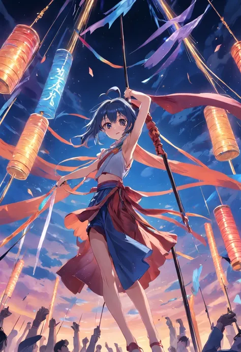 The male protagonist Haotian jumped onto a pile of tall scrap，Hand-held a long pole，Dancing colorful ribbons on the poles，Waving into the sky。