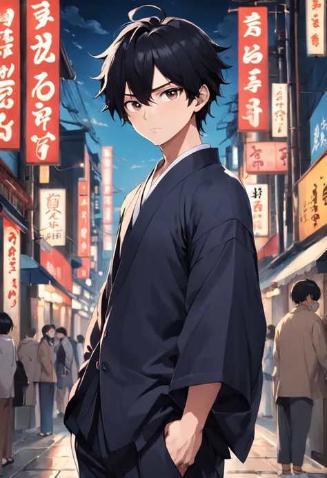 「japanes、A dark-haired、Center Part、Medium hair、４K、male people」charicature、Natural black hair color、Clean skin tone、Simple clothing colors、Clean and intelligent design、Includes character icons with natural expressions and poses、Black hair texture or skin te...