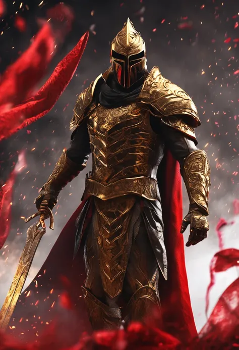 (Ultra-detailed CG unity 8k wallpaper, Masterpiece, Best quality, Depth of field, hdr, Intricate), Tall sinister dark killer，Wearing a metal mask，Bright blood-red eyes，Golden Praetorian Guard armor，Behind him is wearing a gorgeous golden cloak，In his left ...