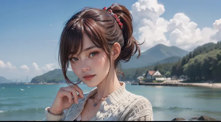 (realisitic,Photorealsitic:1.4),(1 beauty:1.3),(beautiful countenance:1.5),Detailed shiny skin,A detailed eye,Precise hands and fingers,8K HDR, , ​masterpiece, (Dynamic Angle Video),电影灯光, Finely drawn backgrounds,(Southland,the beach,Fashionable swimwear,s...