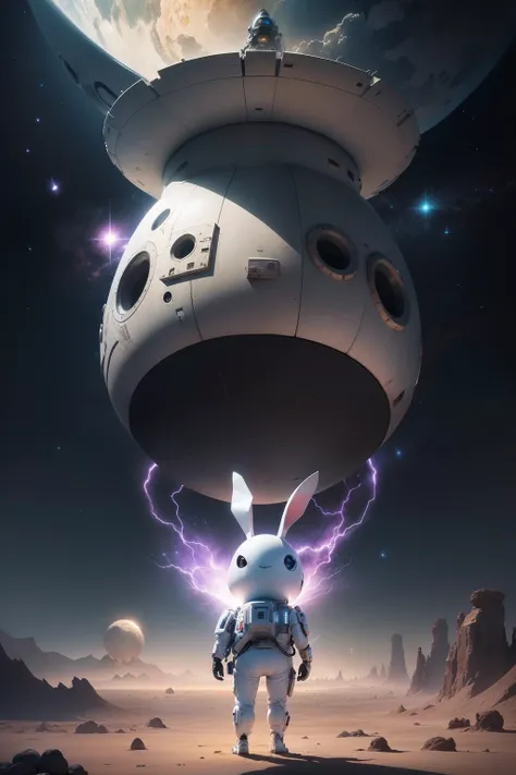 A Strange little white bunny, lands a black sunflower seed shaped spaceship, on an alien desert planet with many oasis, every step he takes explodes in colored light and sound shockwaves, alien peoples greet him, dust sky of fluffy clouds colored by magent...