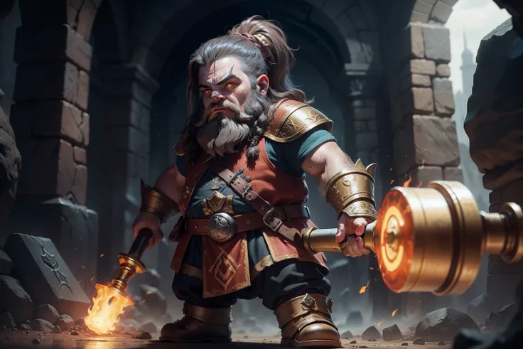 A dwarf with fiery eyes, With a huge magic hammer, Metallic skin