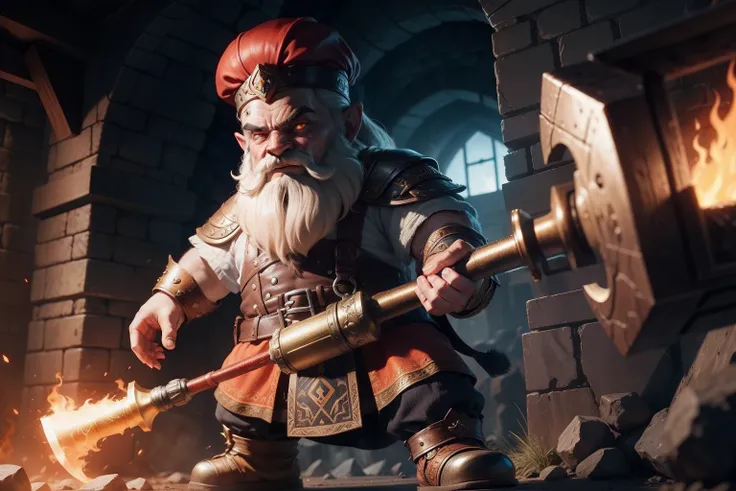 A dwarf with fiery eyes, With a huge magic hammer, Metallic skin