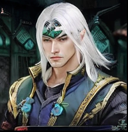 um homem com cabelos brancos e uma peruca branca em um quarto escuro, filho de sparda, ele tem cabelos grisalhos escuros, elfo masculino de pele prateada, bonito drow, Zhao Yun, como personagem em tekken, um elfo macho, imagem de um guerreiro masculino adu...