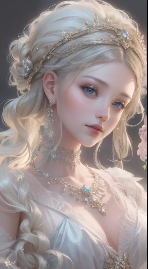 tmasterpiece，Highest high resolution，Bust of a beautiful noble maiden，Delicate braided hair，Coiled hair，Shining clear eyes，The hair is covered with beautiful and delicate floral craftsmanship, crystal、Diamond jewelry filigree，Ultra-detailed details，upscale...