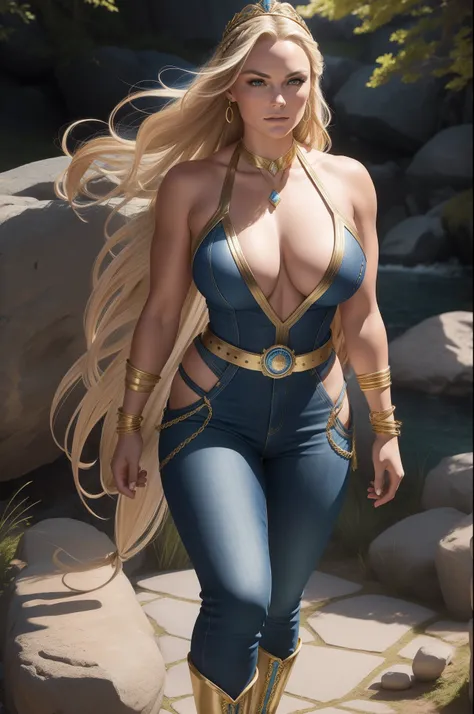 ( Scenery of Stones) Lindsey Vonn, as a superheroine in a blue denim swimsuit with gold accents, blue denim clamps on both arms, Wide gold bracelets on both arms, pernas nuas, Blue jean boots on the knee with golden laces, Face directed to the camera, long...