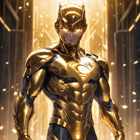 Realistic image of an advanced cybersuit in gold color, DC Comics Superman