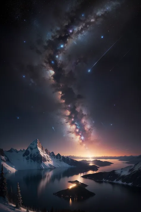 meteors，Skysky，Far Mountain，lakes，themoon，galactic，Big Dipper