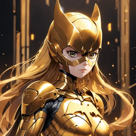 Realistic image of an advanced cybersuit in gold color, Batgirl из DC Comics