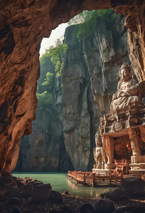 Longmen Grottoes，Grotto figure，Inside the cave，in a panoramic view，ancient china art style，