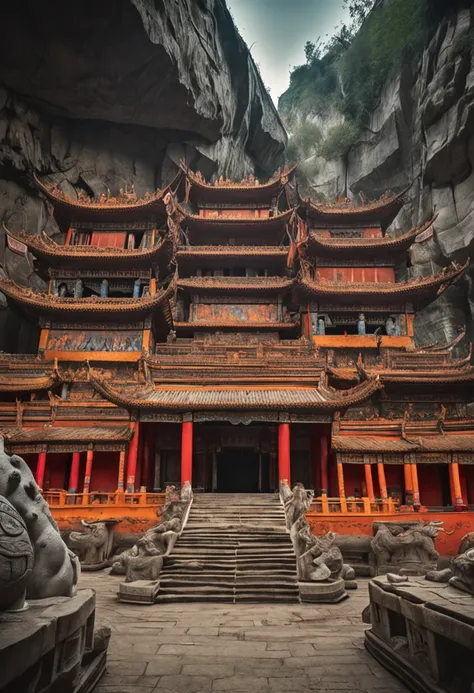 Longmen Grottoes，Grotto figure，Inside the cave，in a panoramic view，ancient china art style，