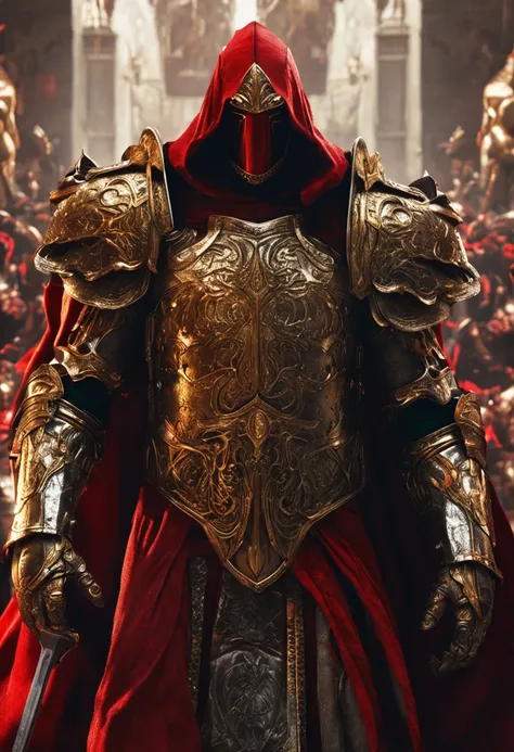 (Ultra-detailed CG unity 8k wallpaper, Masterpiece, Best quality, Depth of field, hdr, Intricate), Tall sinister dark killer，Wearing a metal mask，Bright blood-red eyes，Golden Praetorian Guard armor，Behind him is wearing a gorgeous golden cloak，In his left ...