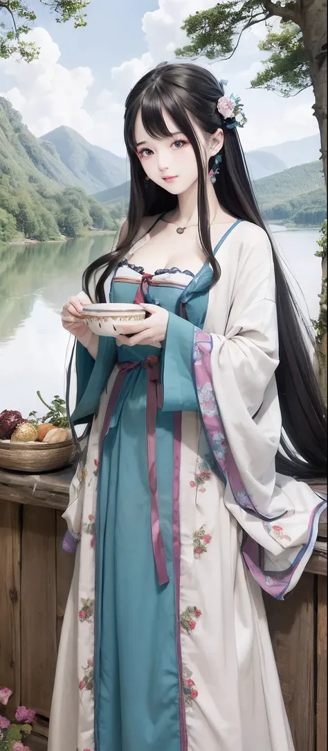 tmasterpiece，best qualtiy，offcial art，8k wallpaper，The is very detailed，illustratio，1个Giant Breast Girl，sky-bluehair，long whitr hair，Detailed eyes，Forrest gump，bared  chest，Hanfu，lakes，pure，softl smile，bamboos，teas