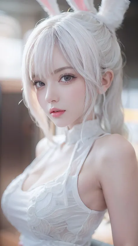 Close-up of a woman in a white vest and skirt, pale milky white porcelain skin, Smooth translucent white skin, seductive anime girls, beautiful and seductive anime woman, ultrarealistic sweet bunny girl, pale porcelain white skin, Smooth and realistic perf...