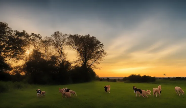 dusk countryside landscape with some farmers planting rice and walking in the fields, two houses with lights on, two dogs runnin...