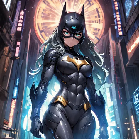 Realistic depiction of an advanced cybersuit, Woman dressed as Batman from DC Comics