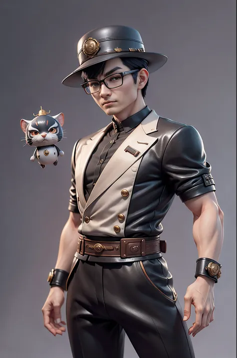 Young man with oriental face in leather hat, tiger, oriental face in formal suit, short black hair, silver glasses, digital painting, 3D character design by Mark Clairedon and Pixar and Hayao Miyazaki and Akira Toriyama, the illustration is a high-definiti...