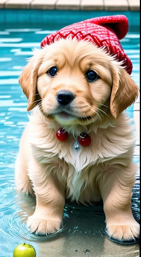 : 3. Golden retriever puppy, realistic, hairy, swimming clothed animal, apple, clear circles, blush, cherry, food, fruit, full body, hat, non-human, strawberry, tomato, watermelon