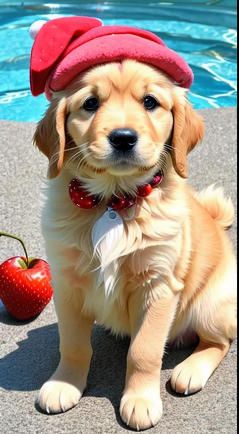 : 3. Golden retriever puppy, realistic, hairy, swimming clothed animal, apple, clear circles, blush, cherry, food, fruit, full body, hat, non-human, strawberry, tomato, watermelon