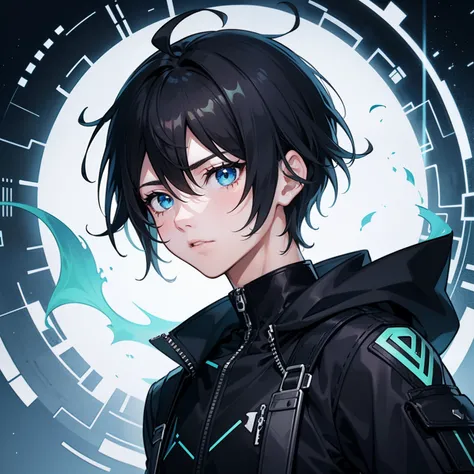 A boy，black color hair，blue color eyes，Handsome，Iterate through elements，Screw on the factory ,Illustration anime style，Dark 4K, hyper HD, Masterpiece