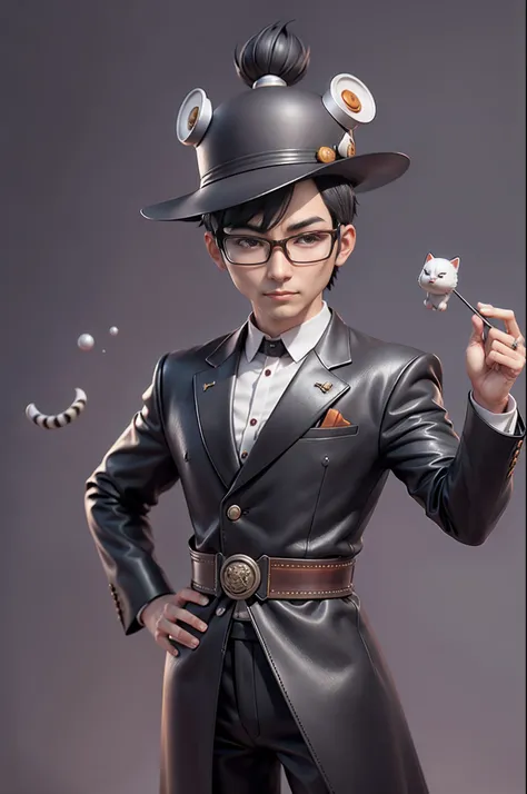 Young man with oriental face in leather hat, tiger, oriental face in formal suit, short black hair, silver glasses, digital painting, 3D character design by Mark Clairedon and Pixar and Hayao Miyazaki and Akira Toriyama, the illustration is a high-definiti...