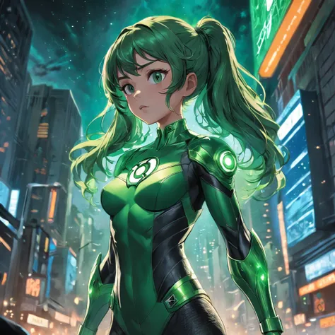 Realistic depiction of an advanced cybersuit, Woman dressed as Green Lantern from DC Comics