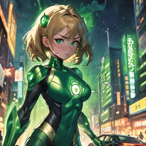 Realistic depiction of an advanced cybersuit, Woman dressed as Green Lantern from DC Comics