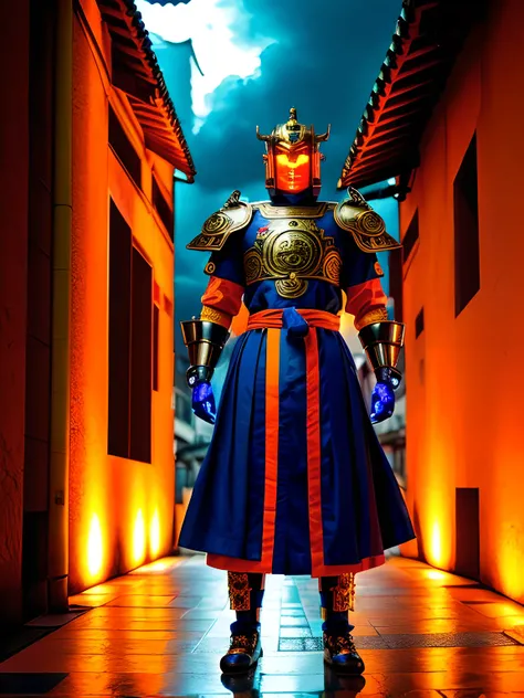 cat but cyborg, robot, Japanese art relics, human pose, demonic detailed face, orange and blue mechanic ornate body, futuristic robe, ornate long skirt armour, perfect propotion, full body, red and blue light, standing in the ancient barcelona city, rainy ...