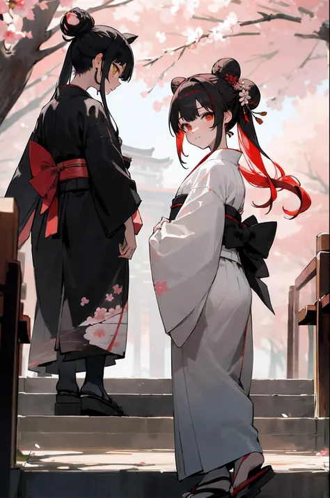 ((masterpiece,best quality)),2girls, black kimono, black legwear, black ribbon, black hair, cherry blossoms, day, flower, hair bun, hair ribbon, japanese clothes, kimono, long hair, looking at viewer, looking back, multiple girls, obi, outdoors, red eyes, ...