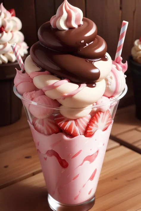 Delicious strawberry ice cream，In crispy cones, Drizzle with chocolate, Realistic and detailed images