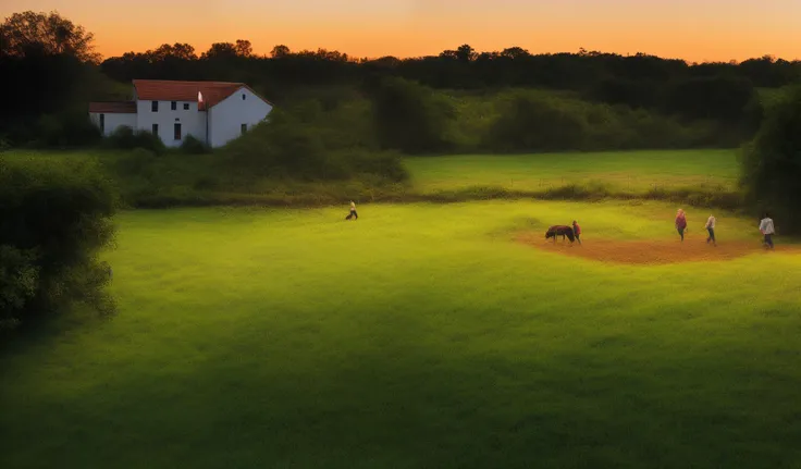 dusk countryside landscape with some farmers planting rice and walking in the fields, two houses with lights on, two dogs runnin...